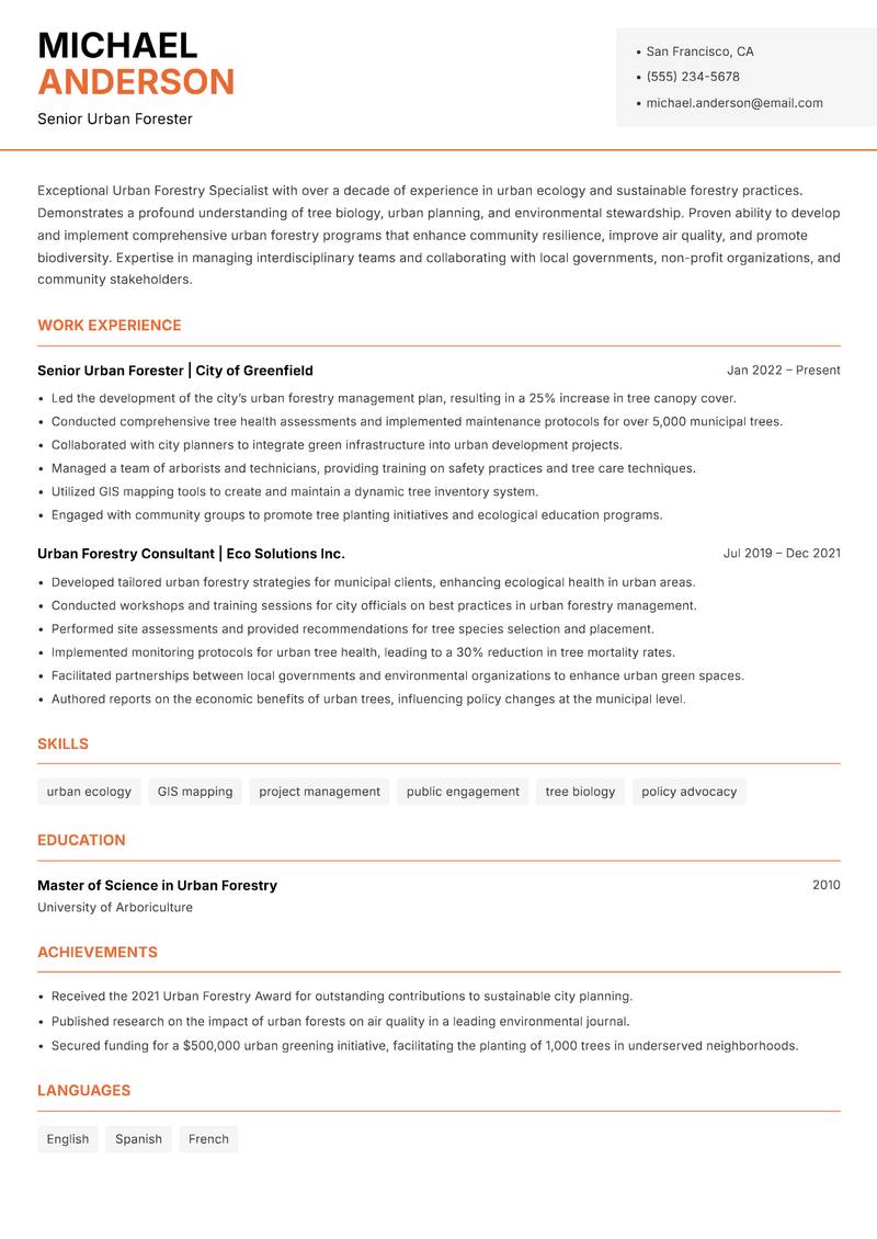 Urban Forestry Specialist resume sample — Senior Urban Forester focus