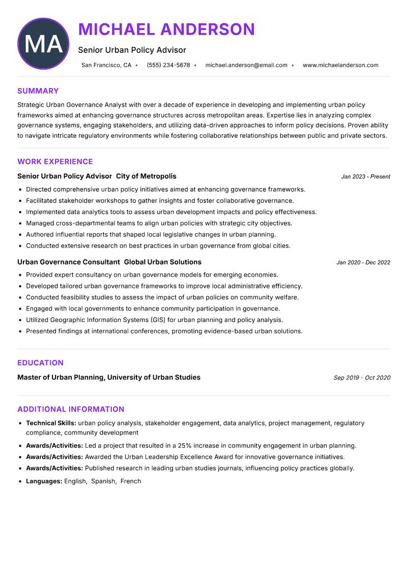 Urban Governance Analyst resume example