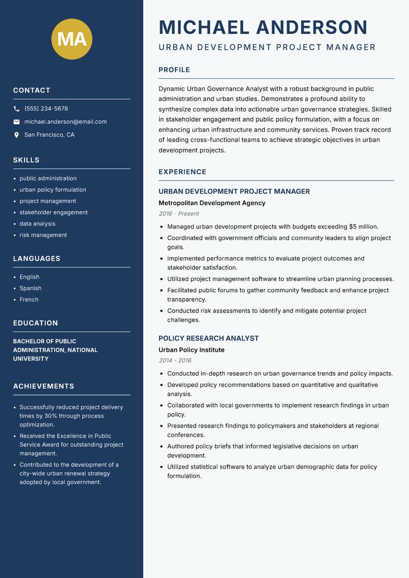 Urban Governance Analyst resume sample — Urban Development Project Manager focus