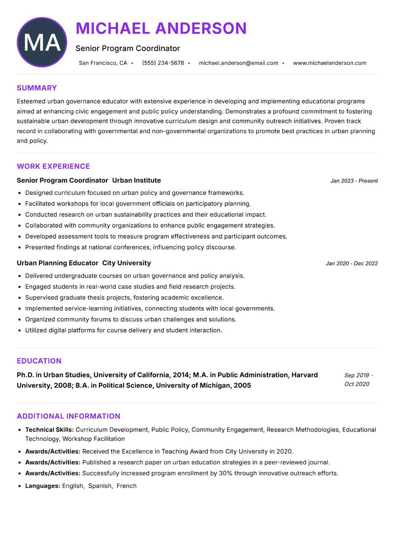 Urban Governance Educator resume example