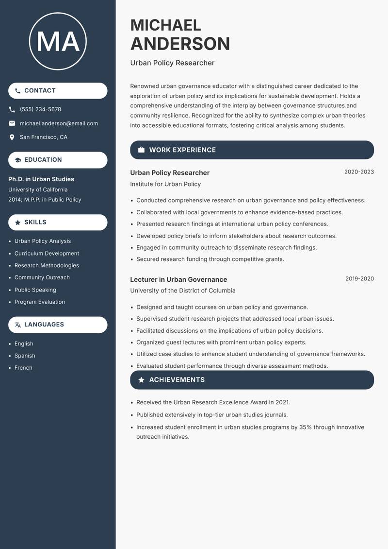 Urban Governance Educator resume sample — Urban Policy Researcher focus