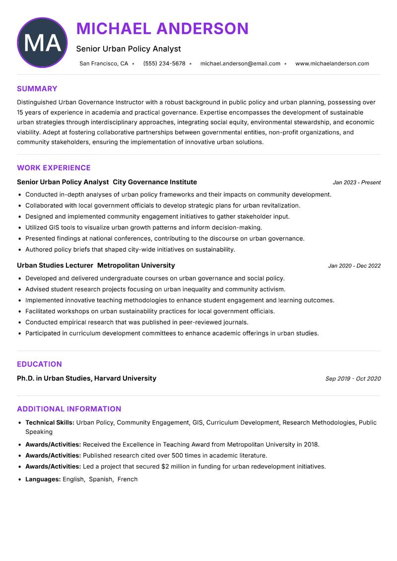 Urban Governance Instructor resume example