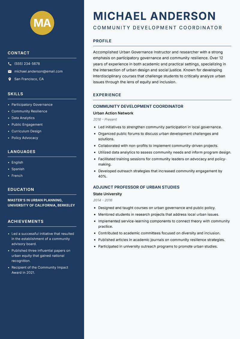 Urban Governance Instructor resume sample — Community Development Coordinator focus
