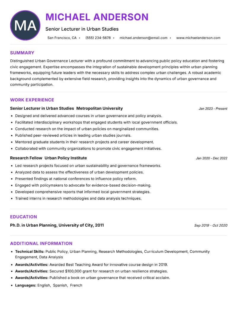 Urban Governance Lecturer resume example