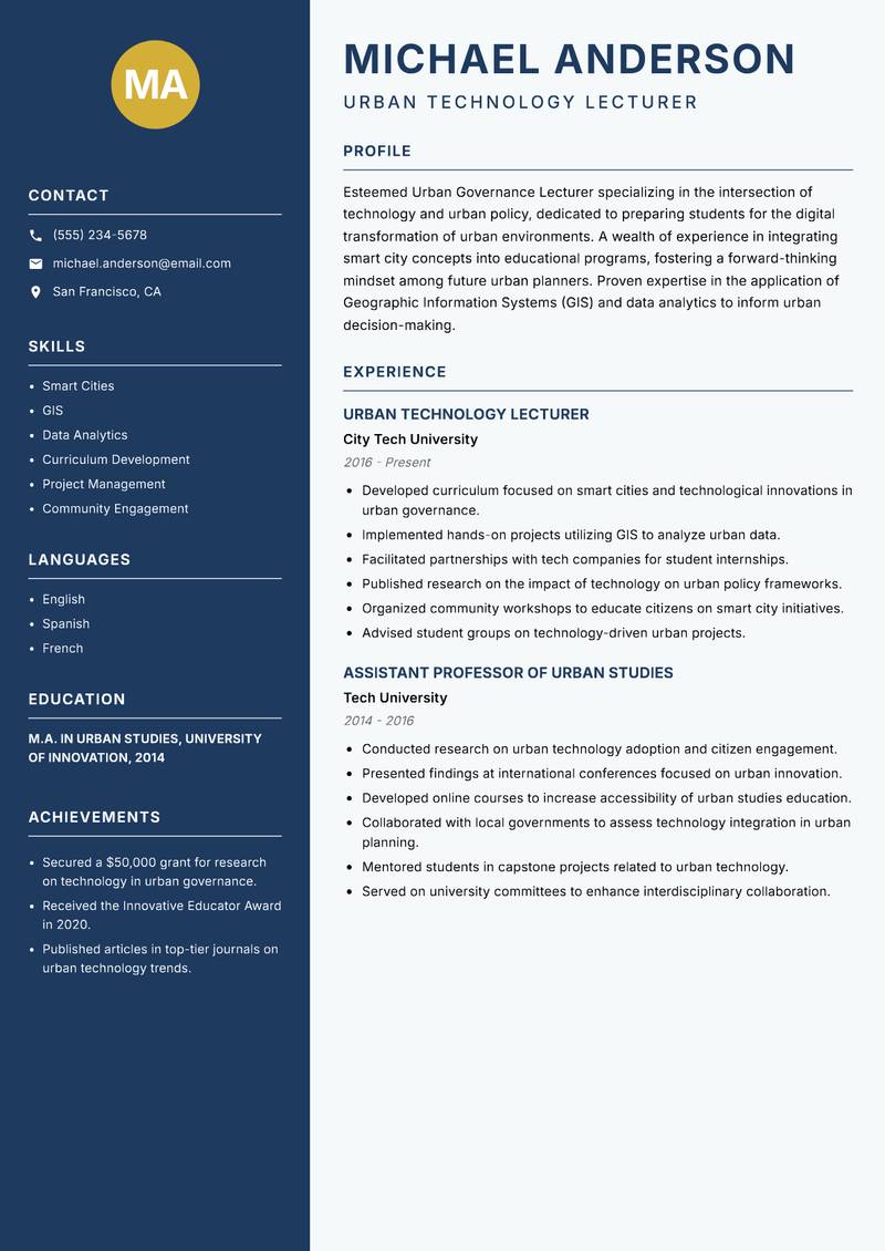 Urban Governance Lecturer resume sample — Urban Technology Lecturer focus