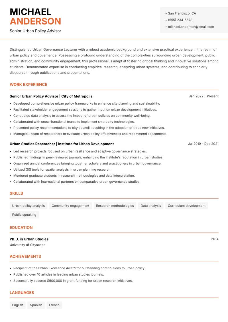 Urban Governance Lecturer resume sample — Senior Urban Policy Advisor focus