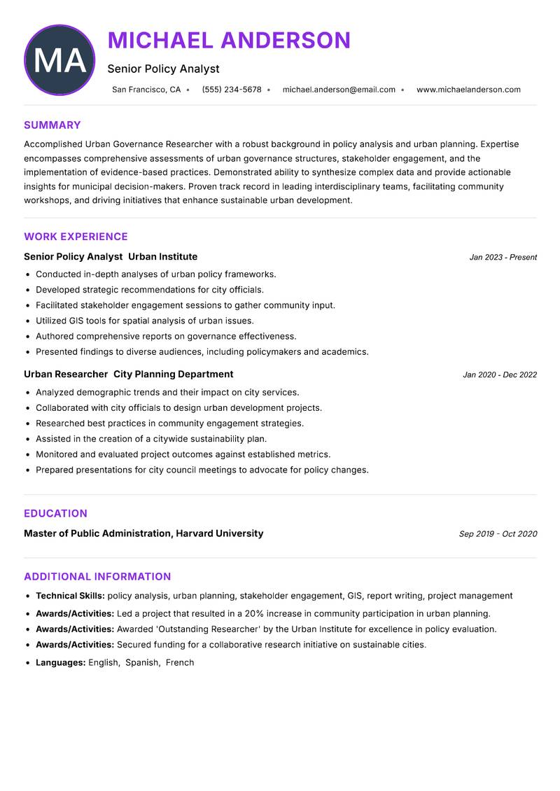 Urban Governance Researcher resume example