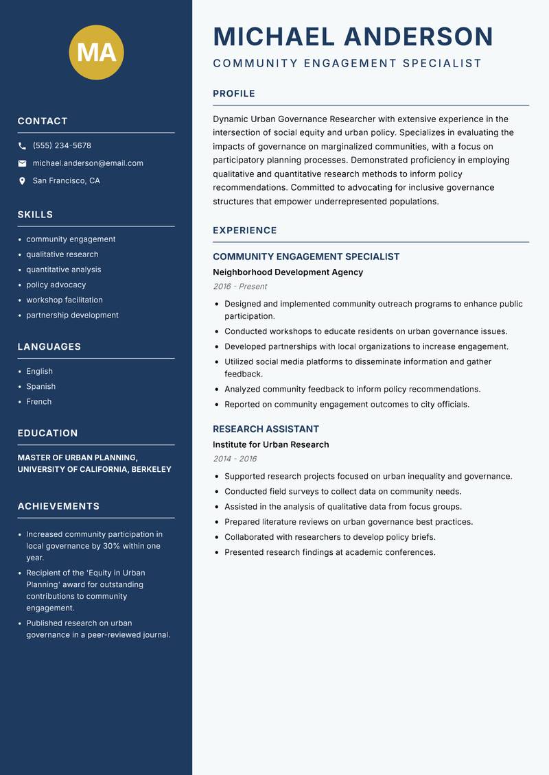 Urban Governance Researcher resume sample — Community Engagement Specialist focus