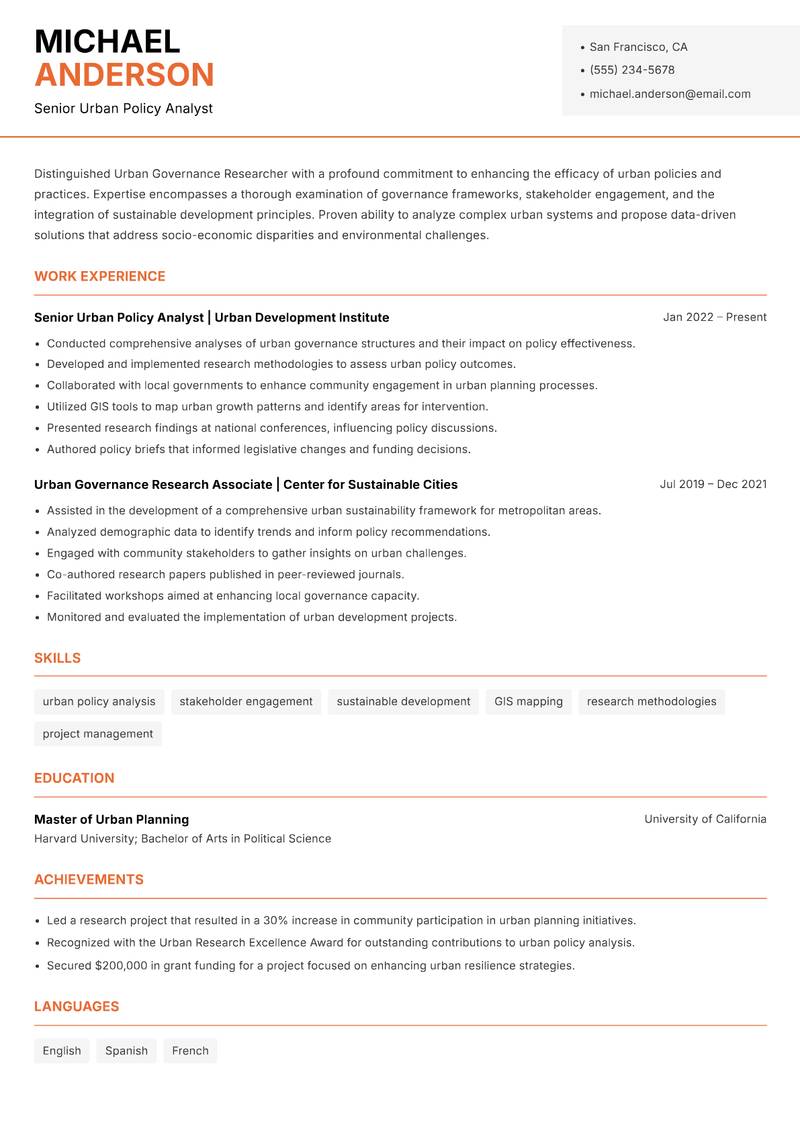 Urban Governance Researcher resume sample — Senior Urban Policy Analyst focus