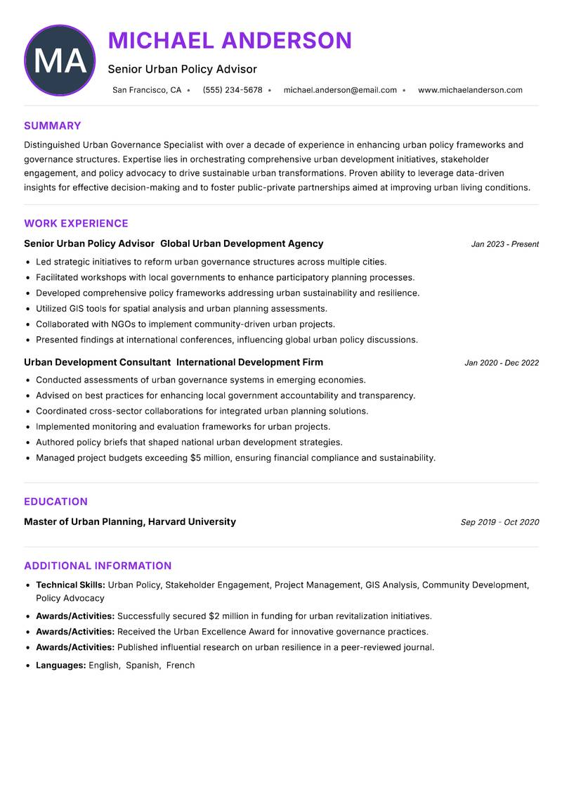 Urban Governance Specialist resume example