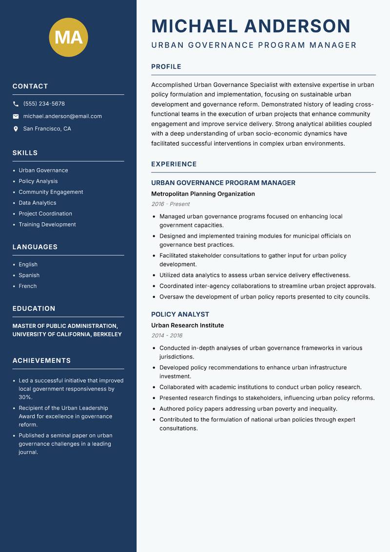 Urban Governance Specialist resume sample — Urban Governance Program Manager focus