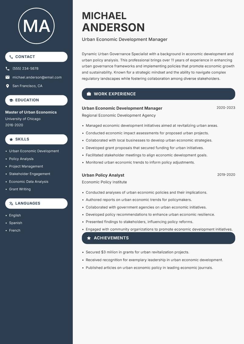 Urban Governance Specialist resume sample — Urban Economic Development Manager focus