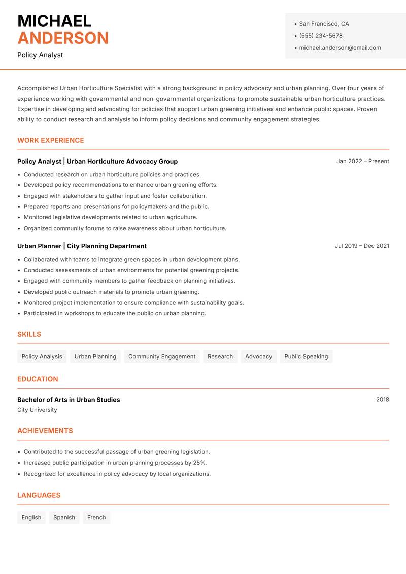 Urban Horticulture Specialist resume sample — Policy Analyst focus