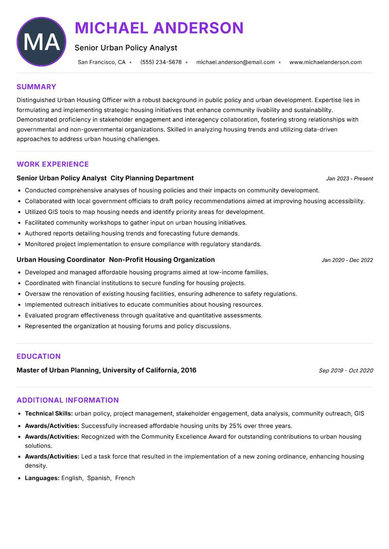 Urban Housing Officer resume example