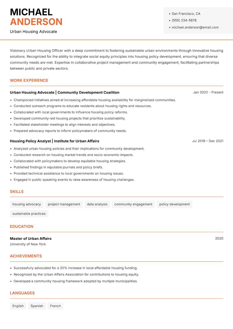 Urban Housing Officer resume sample — Urban Housing Advocate focus