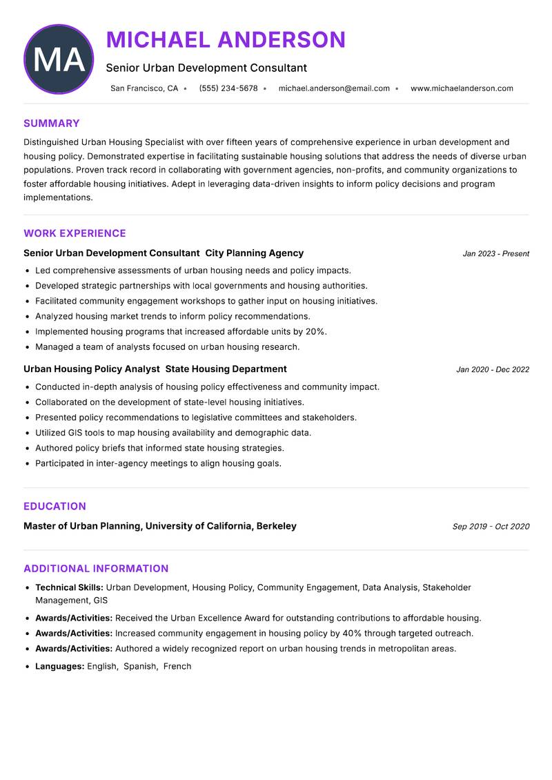 Urban Housing Specialist resume example