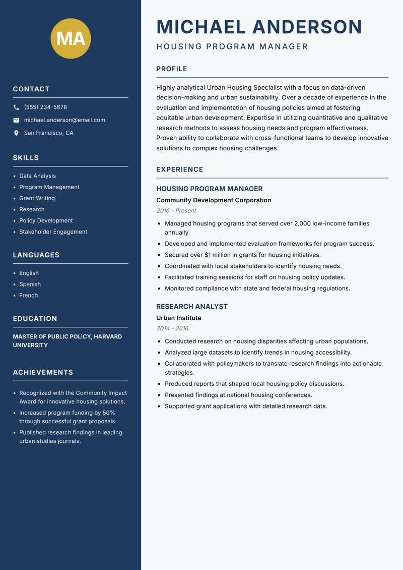 Urban Housing Specialist resume sample — Housing Program Manager focus