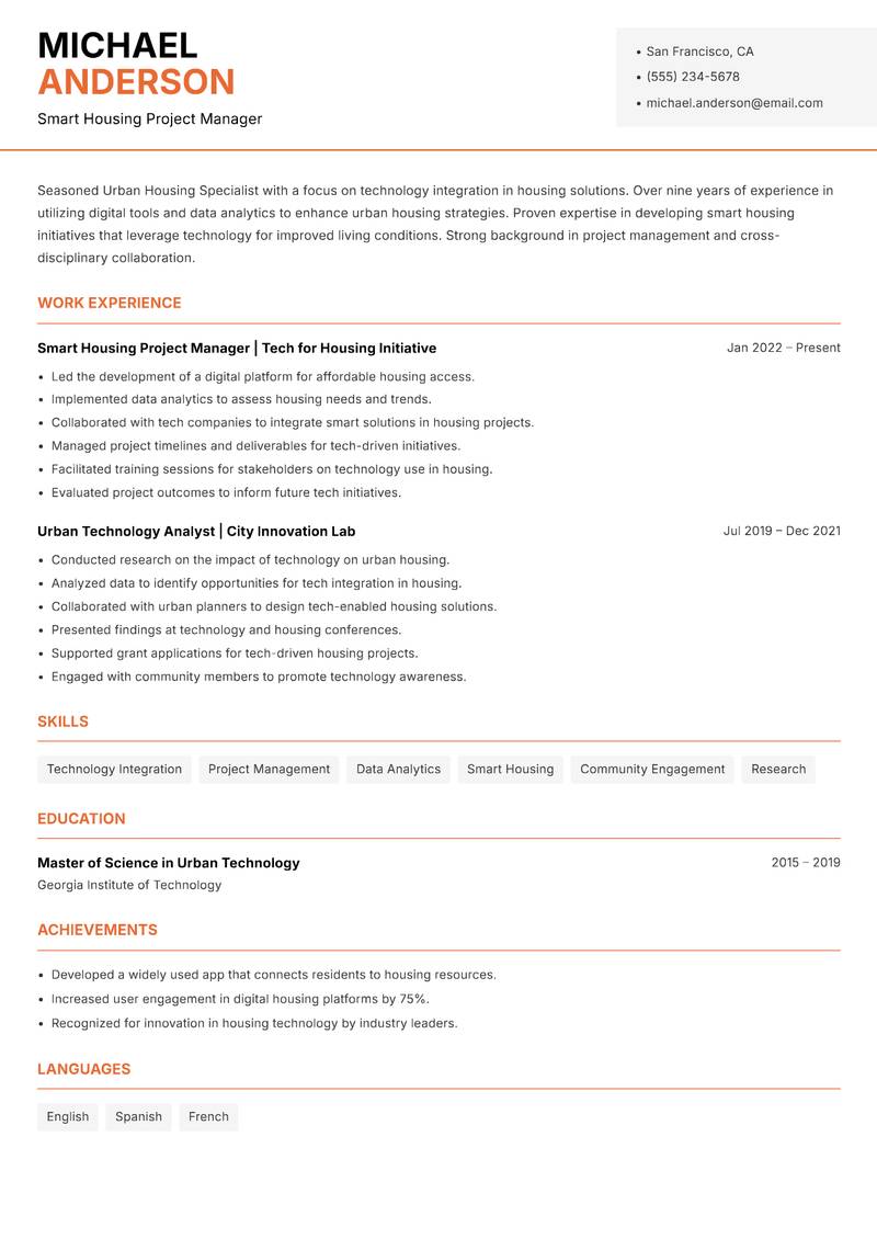 Urban Housing Specialist resume sample — Smart Housing Project Manager focus