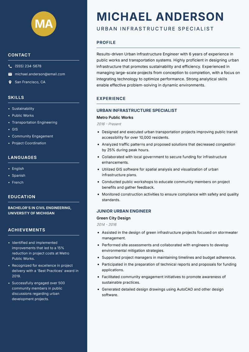 Urban Infrastructure Engineer resume sample — Urban Infrastructure Specialist focus