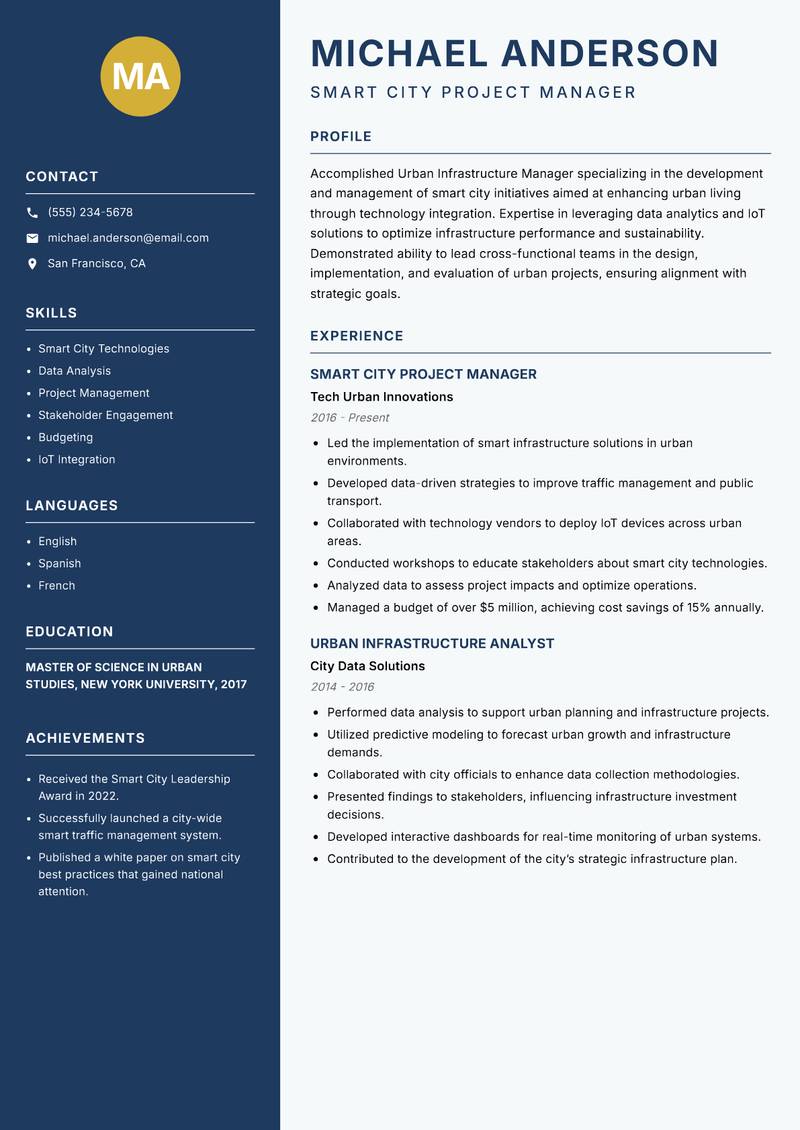 Urban Infrastructure Manager resume sample — Smart City Project Manager focus