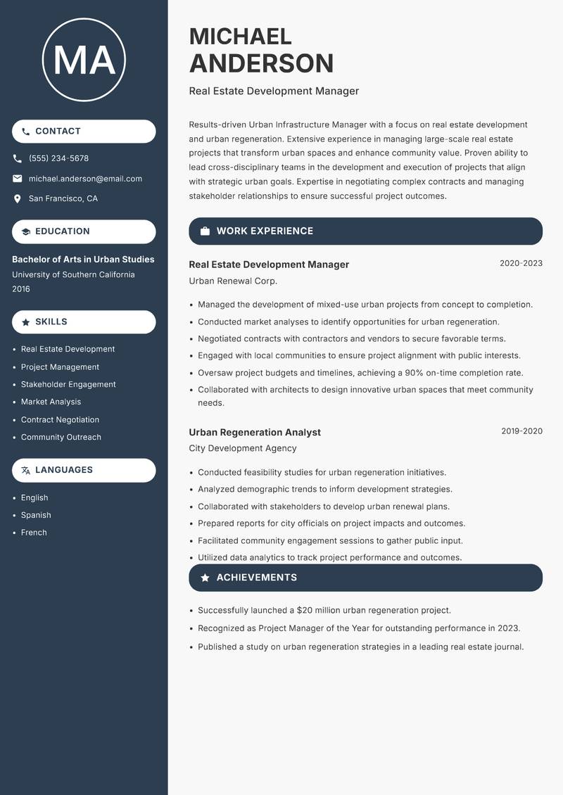 Urban Infrastructure Manager resume sample — Real Estate Development Manager focus