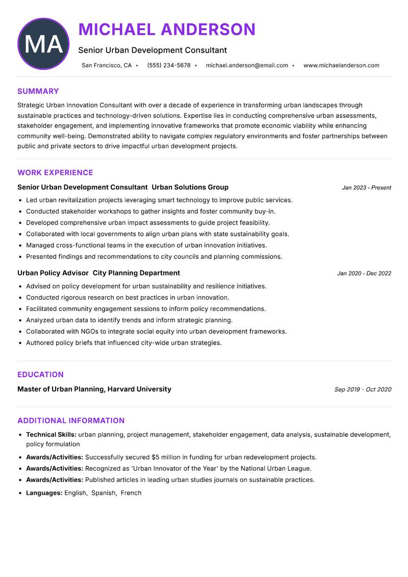 Urban Innovation Consultant resume example