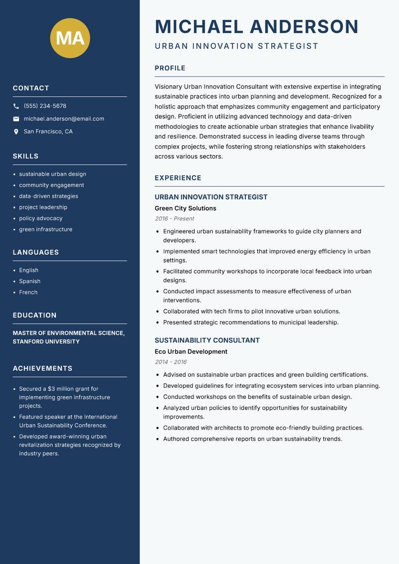 Urban Innovation Consultant resume sample — Urban Innovation Strategist focus