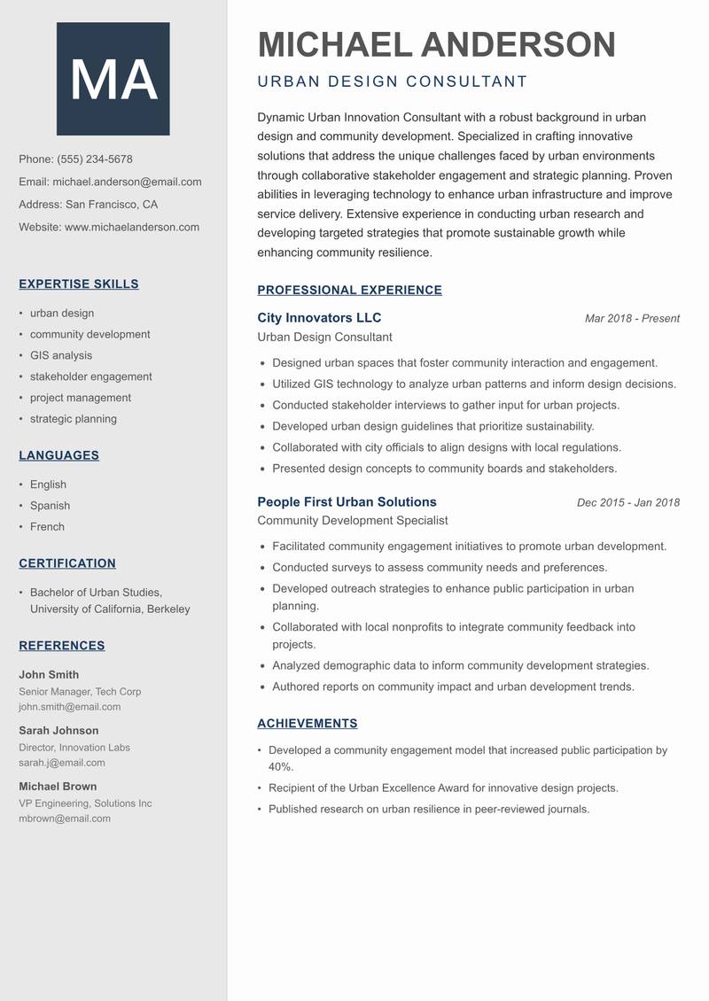 Urban Innovation Consultant resume sample — Urban Design Consultant focus