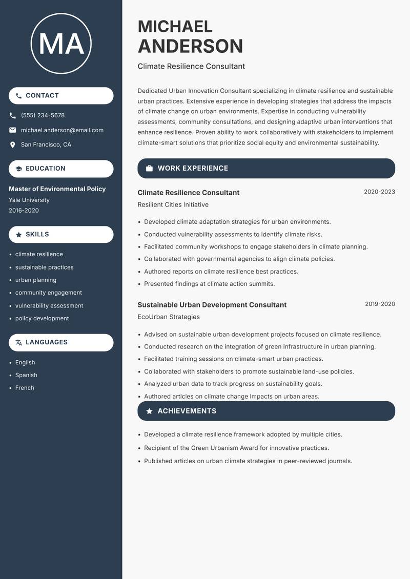 Urban Innovation Consultant resume sample — Climate Resilience Consultant focus