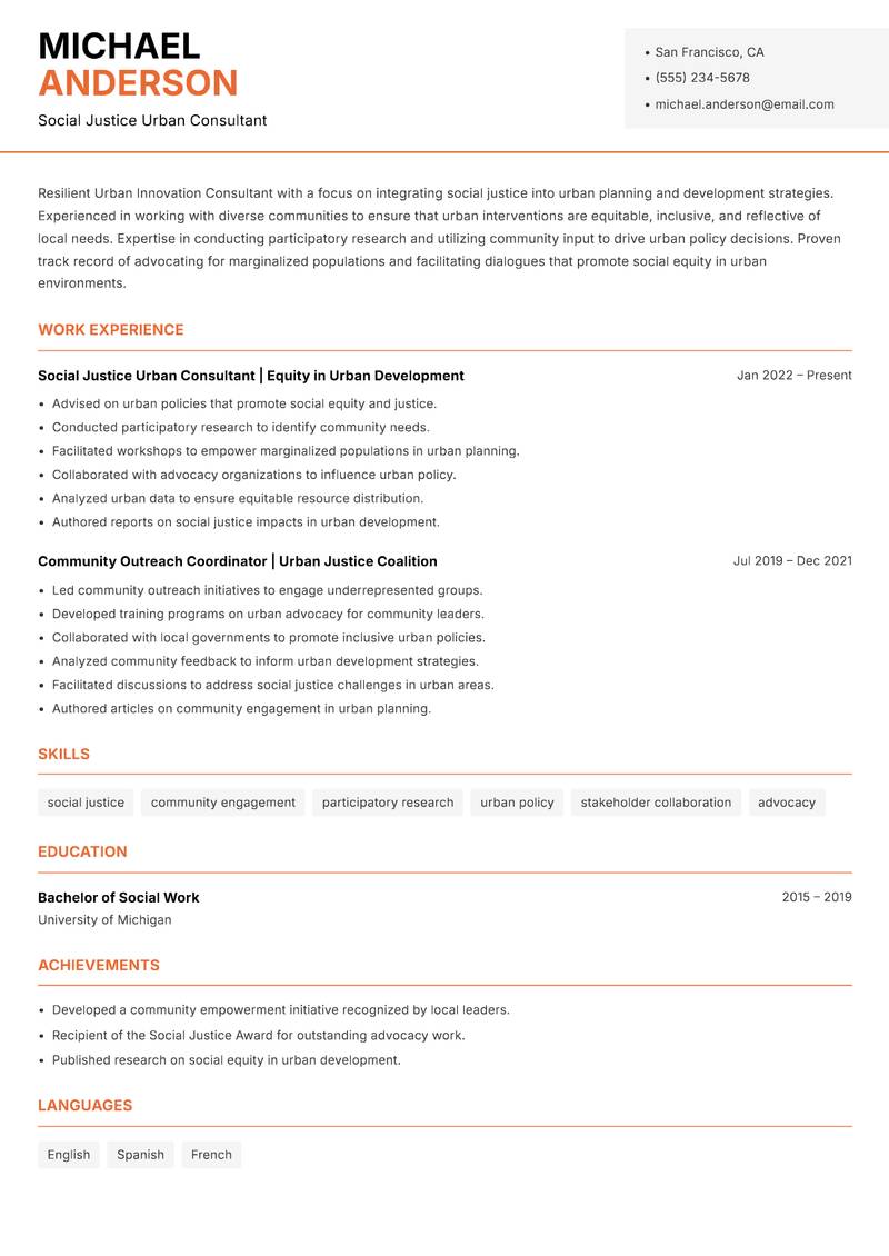 Urban Innovation Consultant resume sample — Social Justice Urban Consultant focus