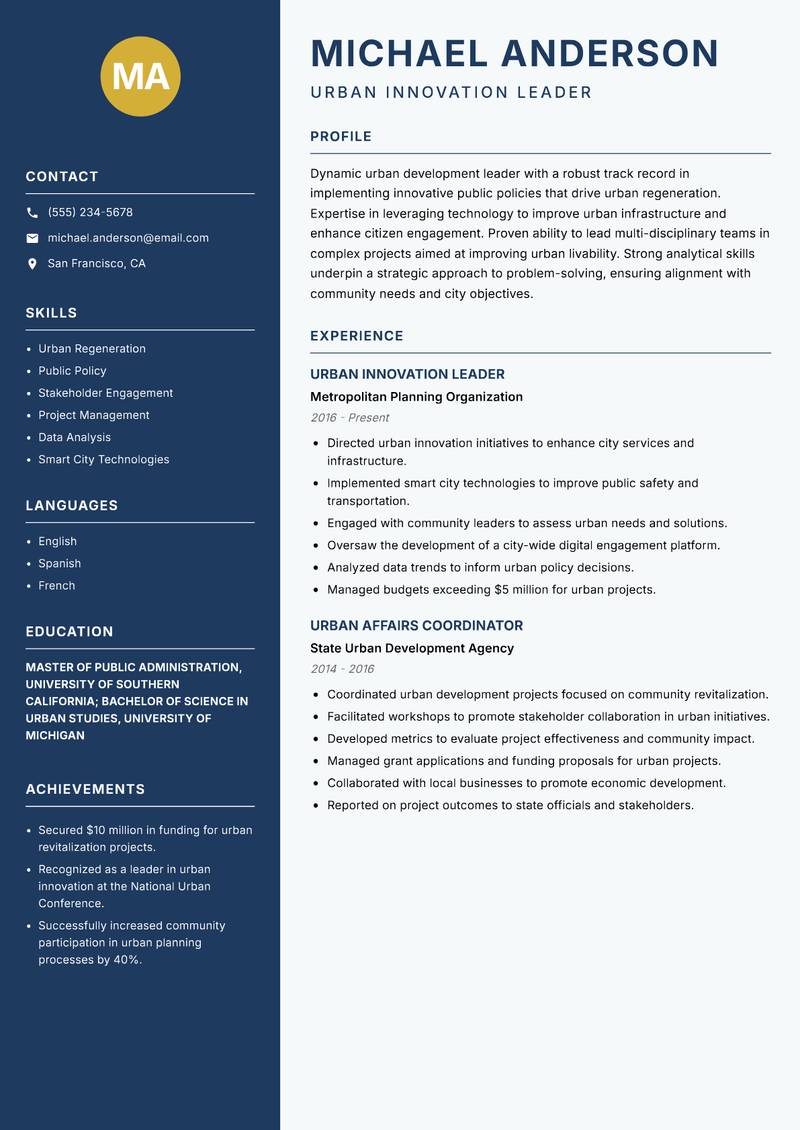 Urban Innovation Officer resume sample — Urban Innovation Leader focus