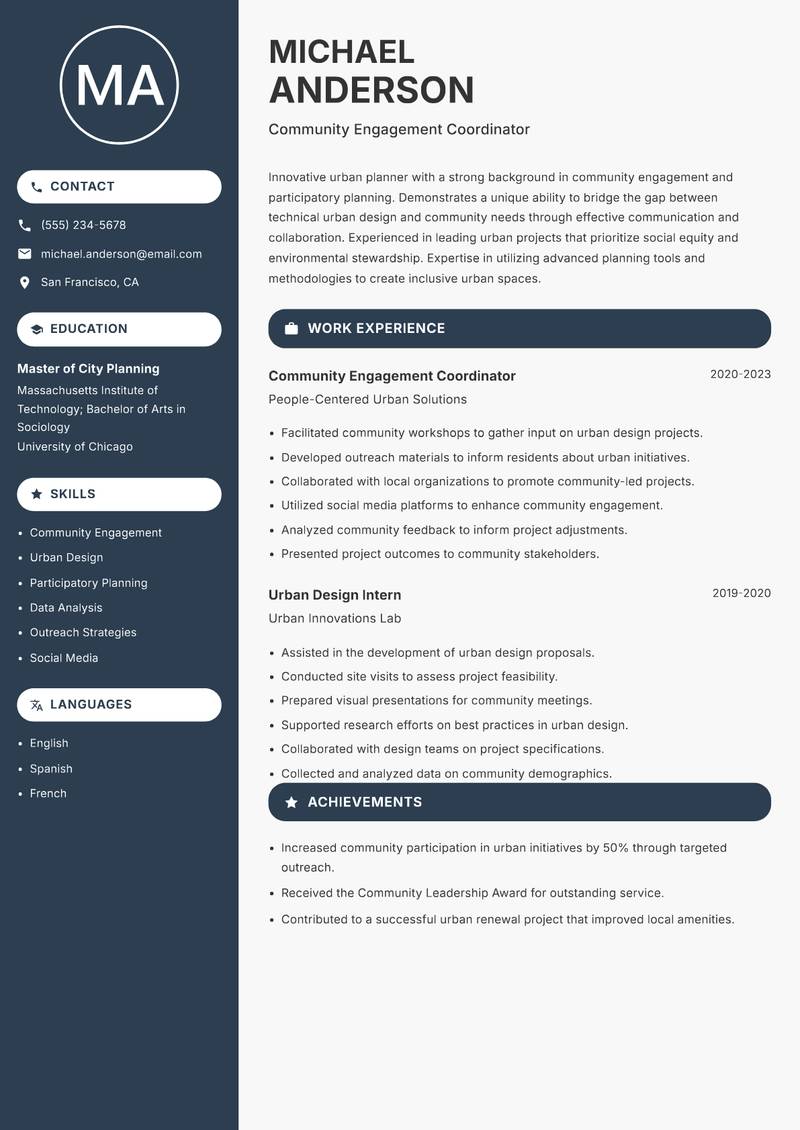 Urban Innovation Officer resume sample — Community Engagement Coordinator focus