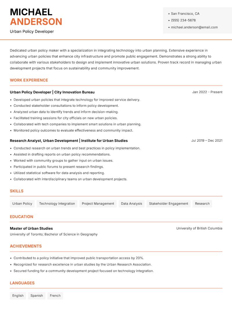 Urban Innovation Officer resume sample — Urban Policy Developer focus