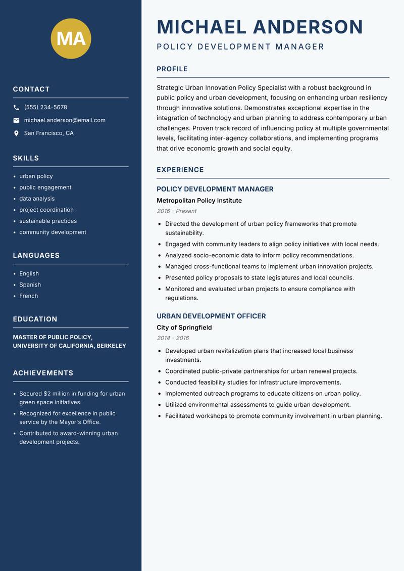 Urban Innovation Policy Specialist resume sample — Policy Development Manager focus