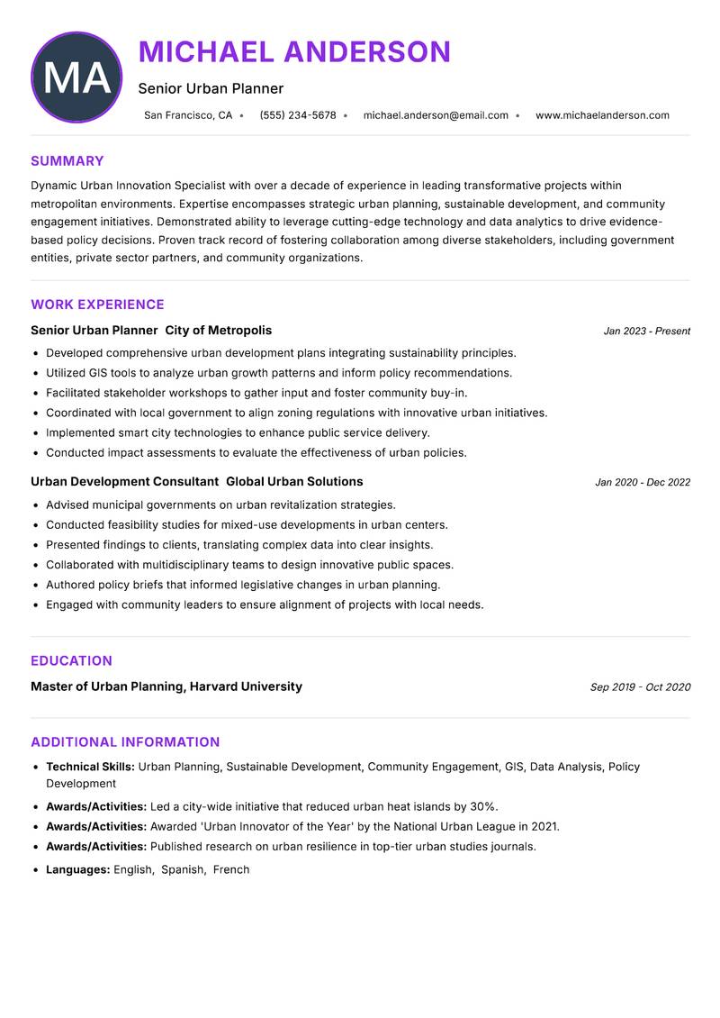 Urban Innovation Specialist resume example