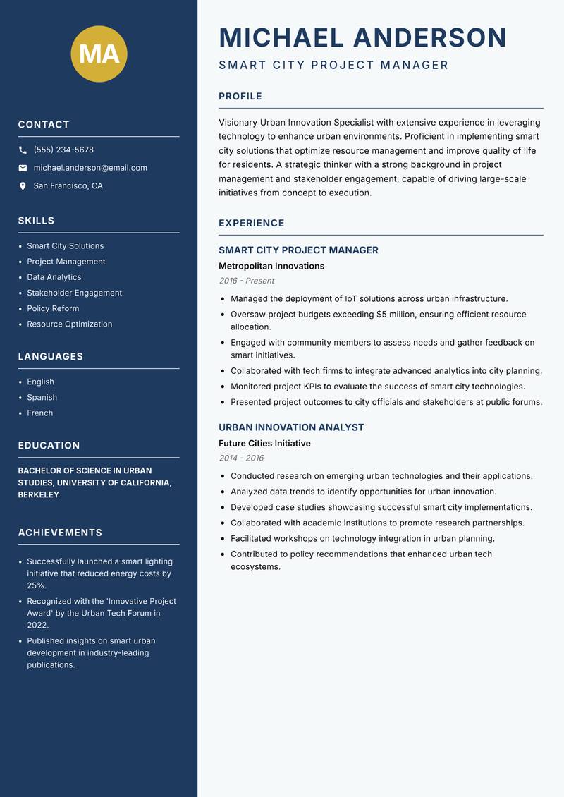 Urban Innovation Specialist resume sample — Smart City Project Manager focus