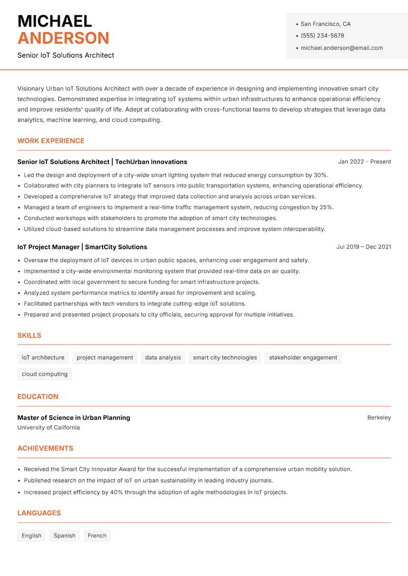 Urban IoT Solutions Architect resume sample — Senior IoT Solutions Architect focus