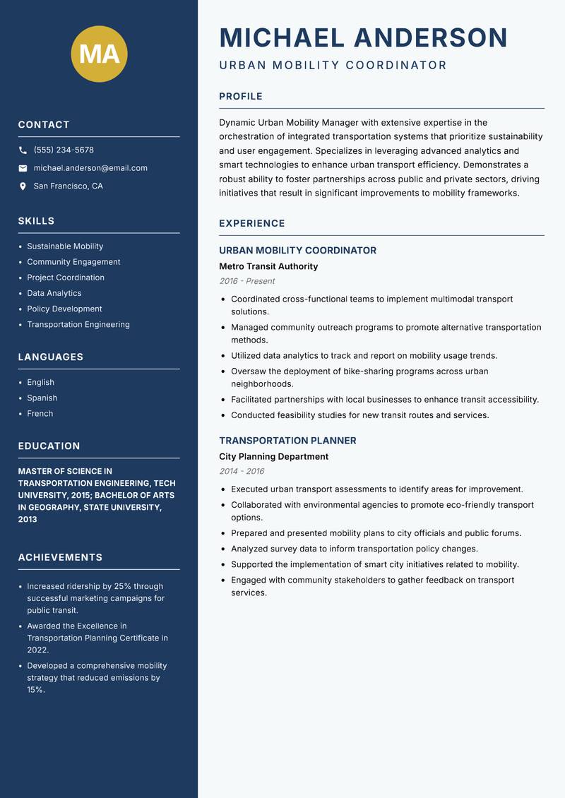 Urban Mobility Manager resume sample — Urban Mobility Coordinator focus