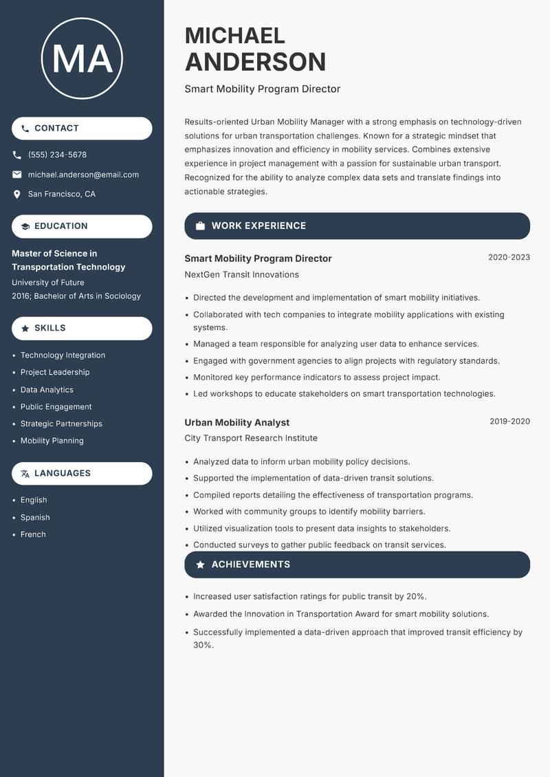 Urban Mobility Manager resume sample — Smart Mobility Program Director focus