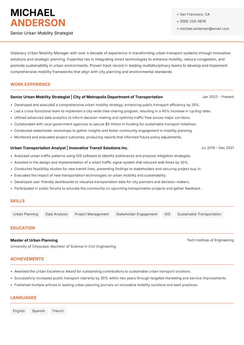 Urban Mobility Manager resume sample — Senior Urban Mobility Strategist focus