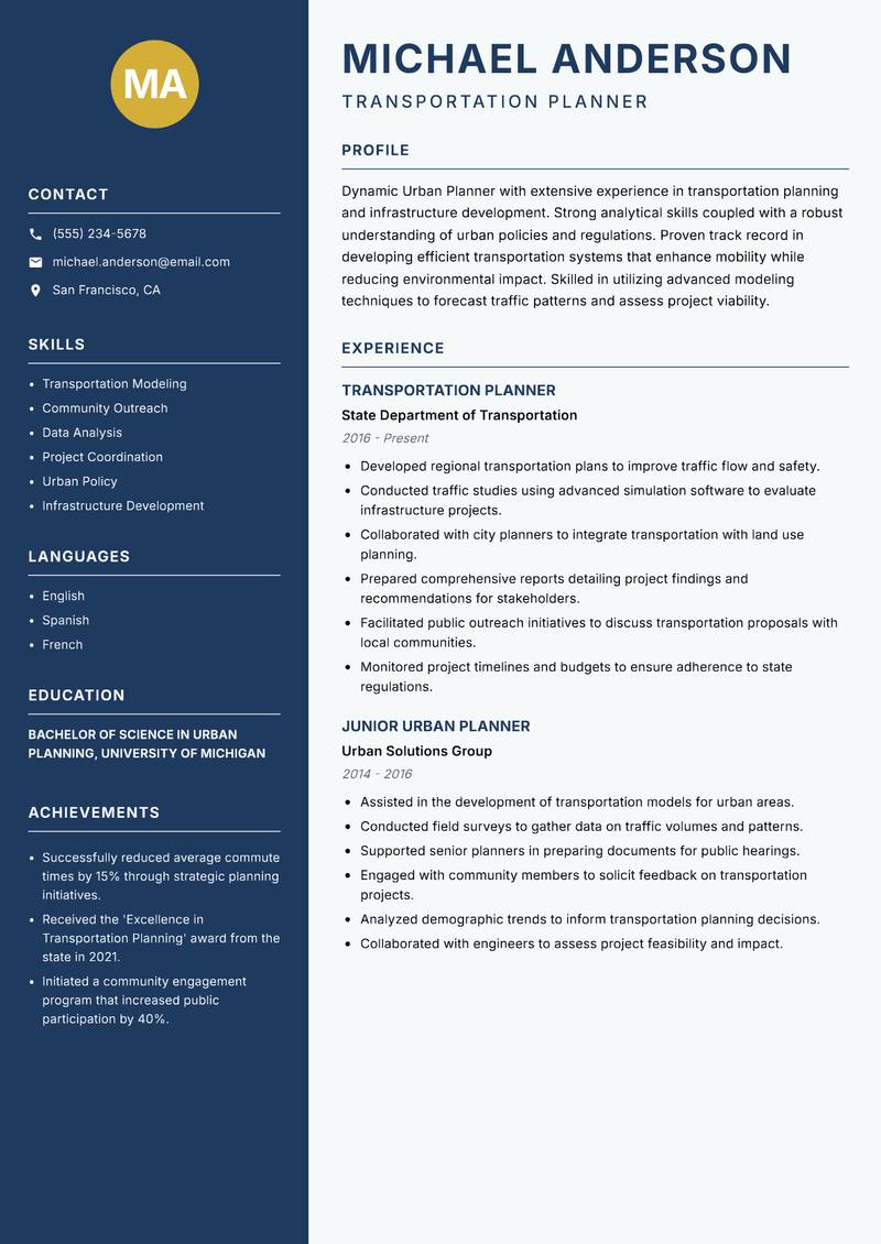 Urban Planner resume sample — Transportation Planner focus