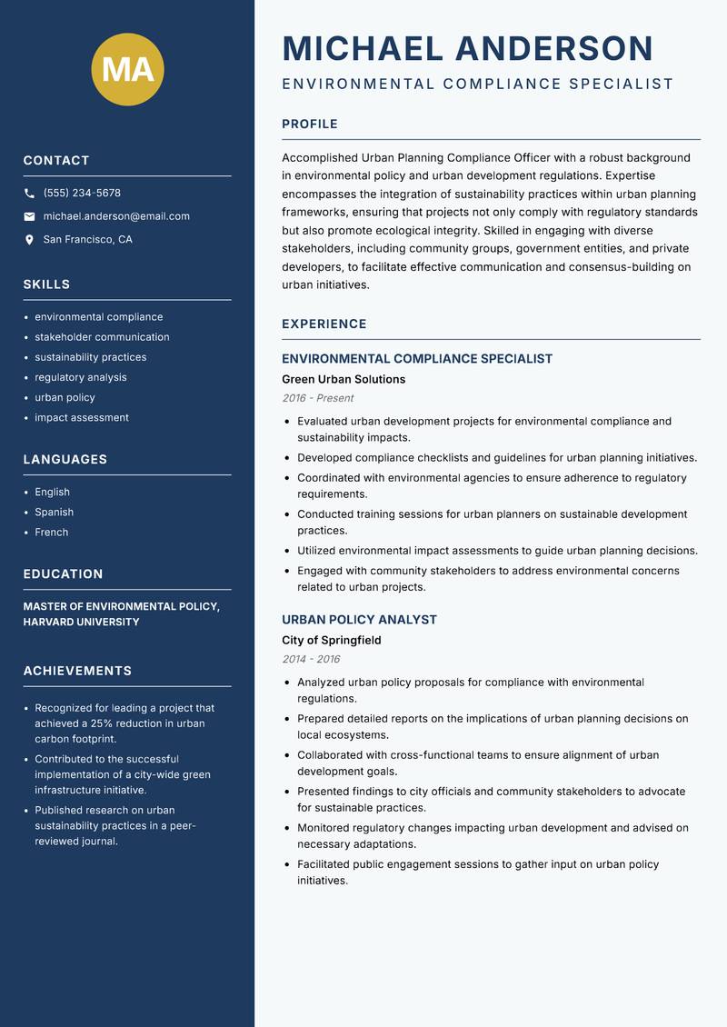Urban Planning Compliance Officer resume sample — Environmental Compliance Specialist focus