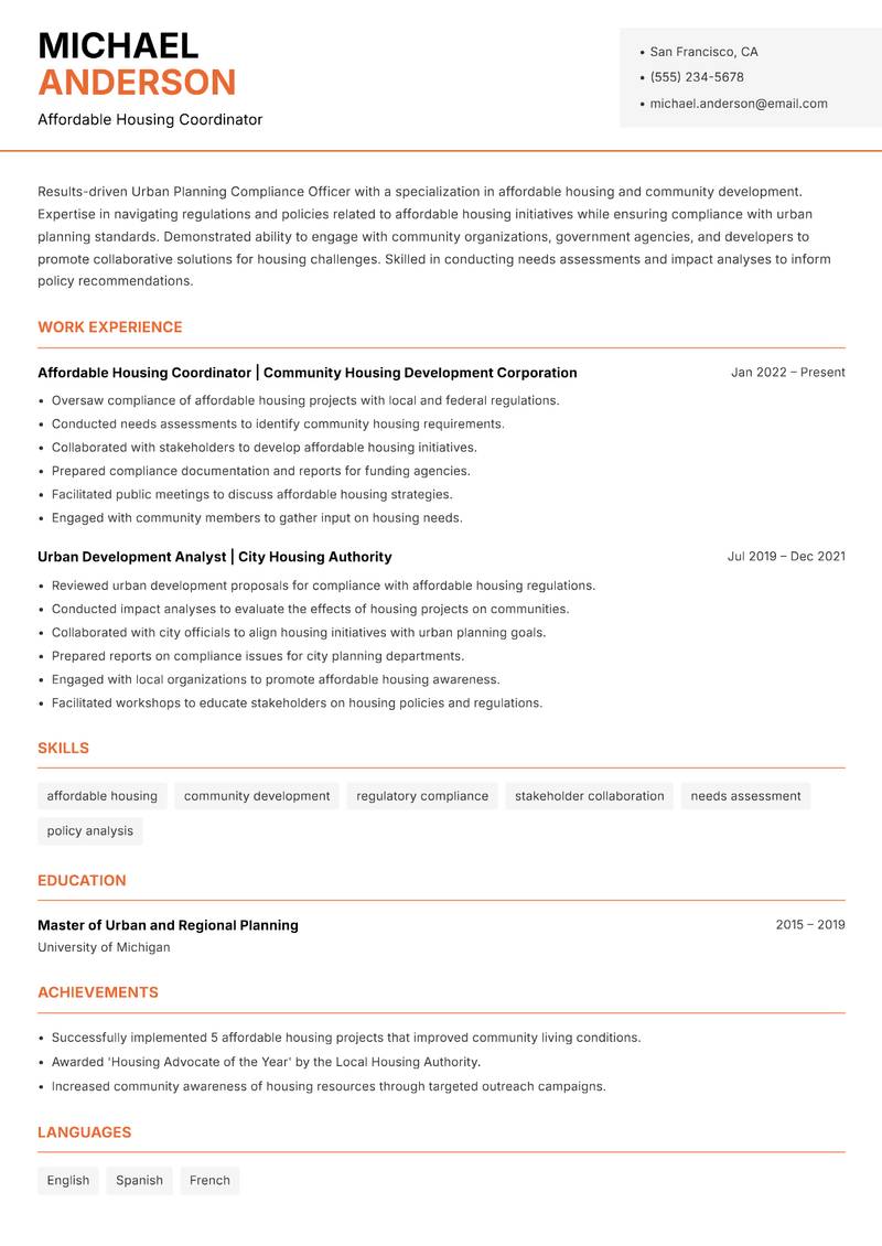 Urban Planning Compliance Officer resume sample — Affordable Housing Coordinator focus