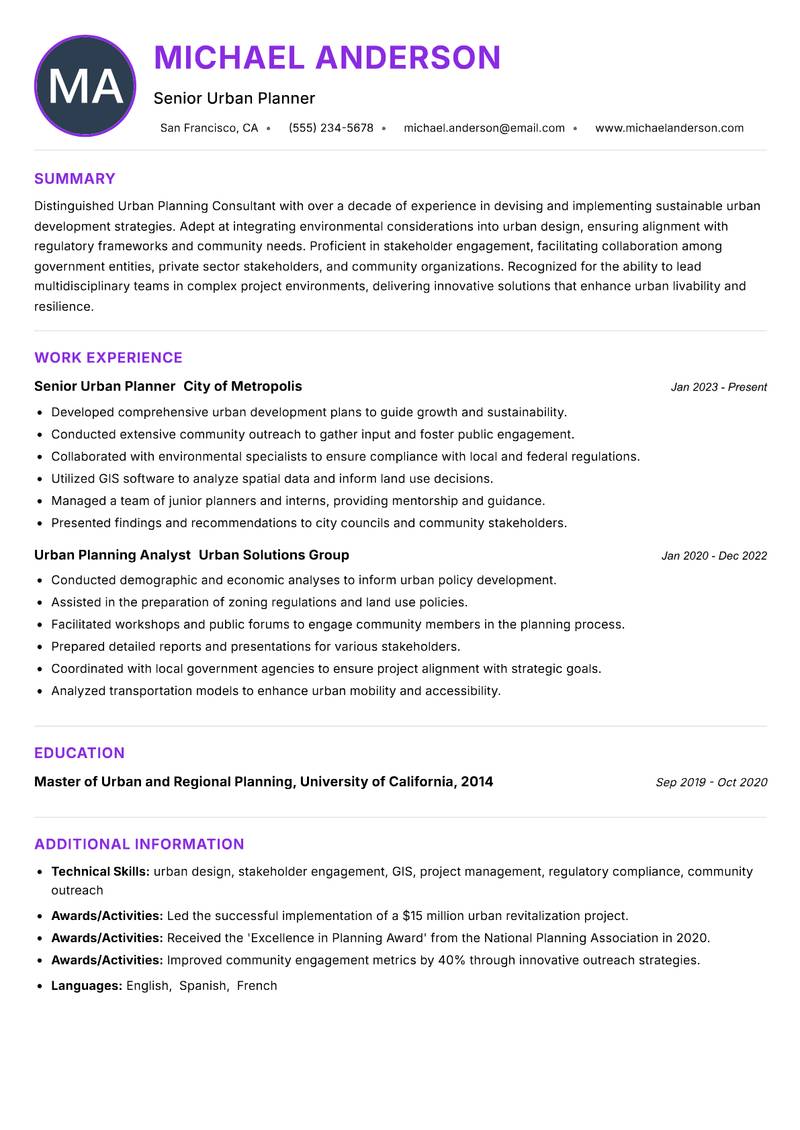 Urban Planning Consultant resume example