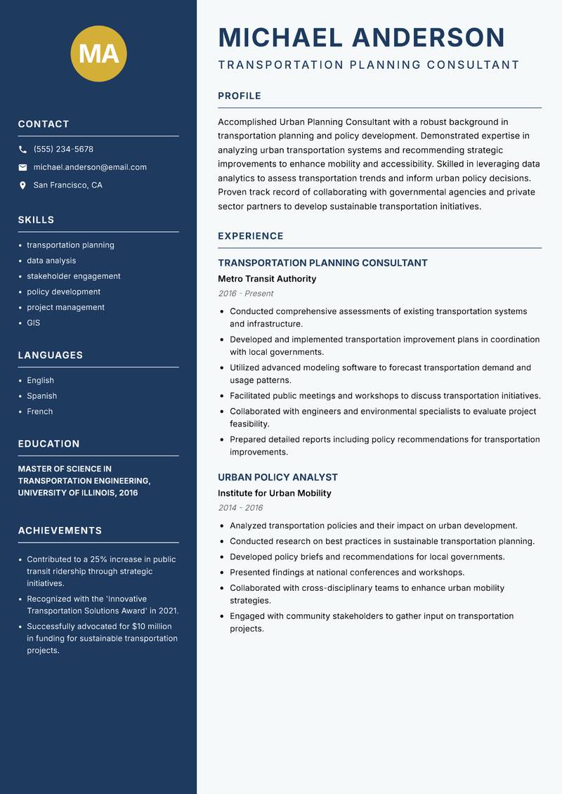 Urban Planning Consultant resume sample — Transportation Planning Consultant focus