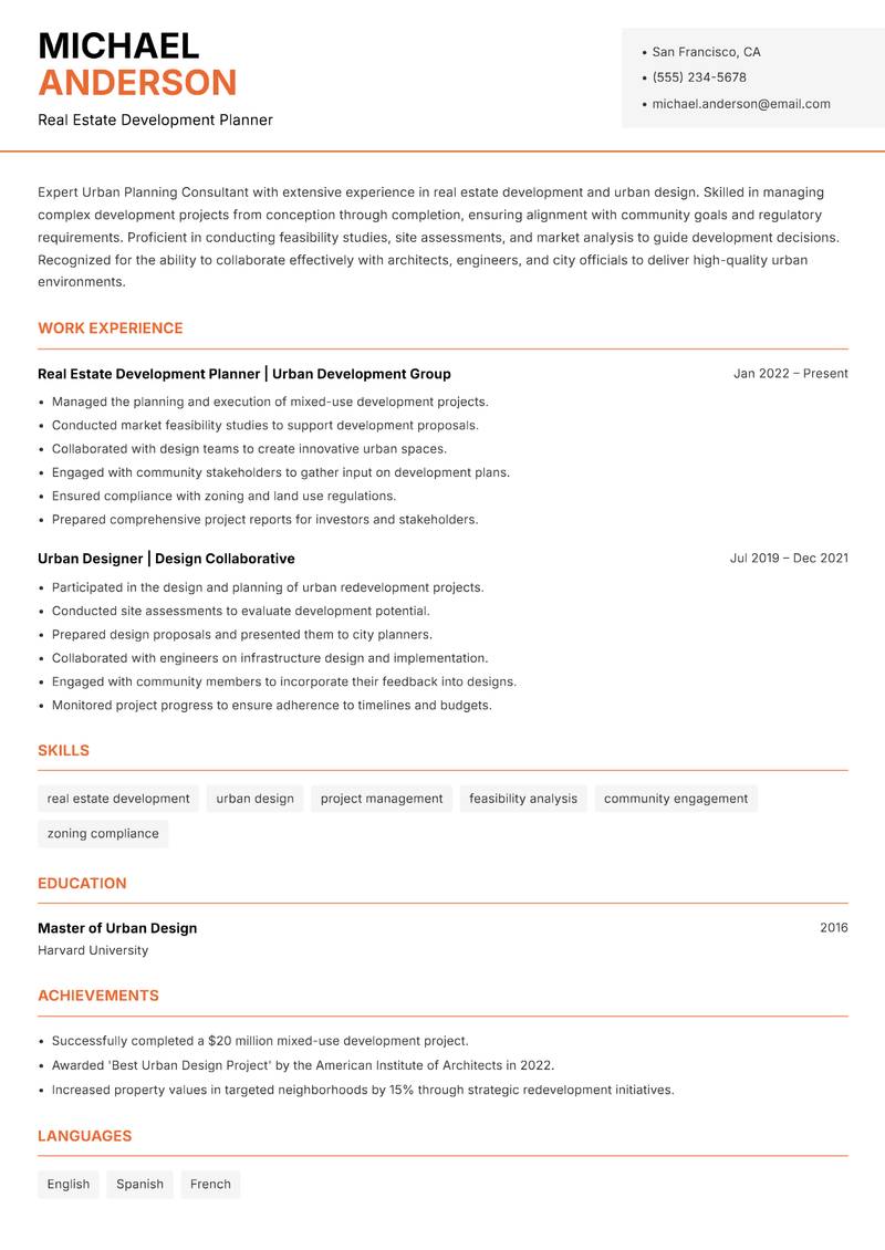 Urban Planning Consultant resume sample — Real Estate Development Planner focus