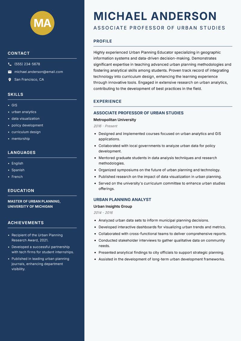 Urban Planning Educator resume sample — Associate Professor of Urban Studies focus
