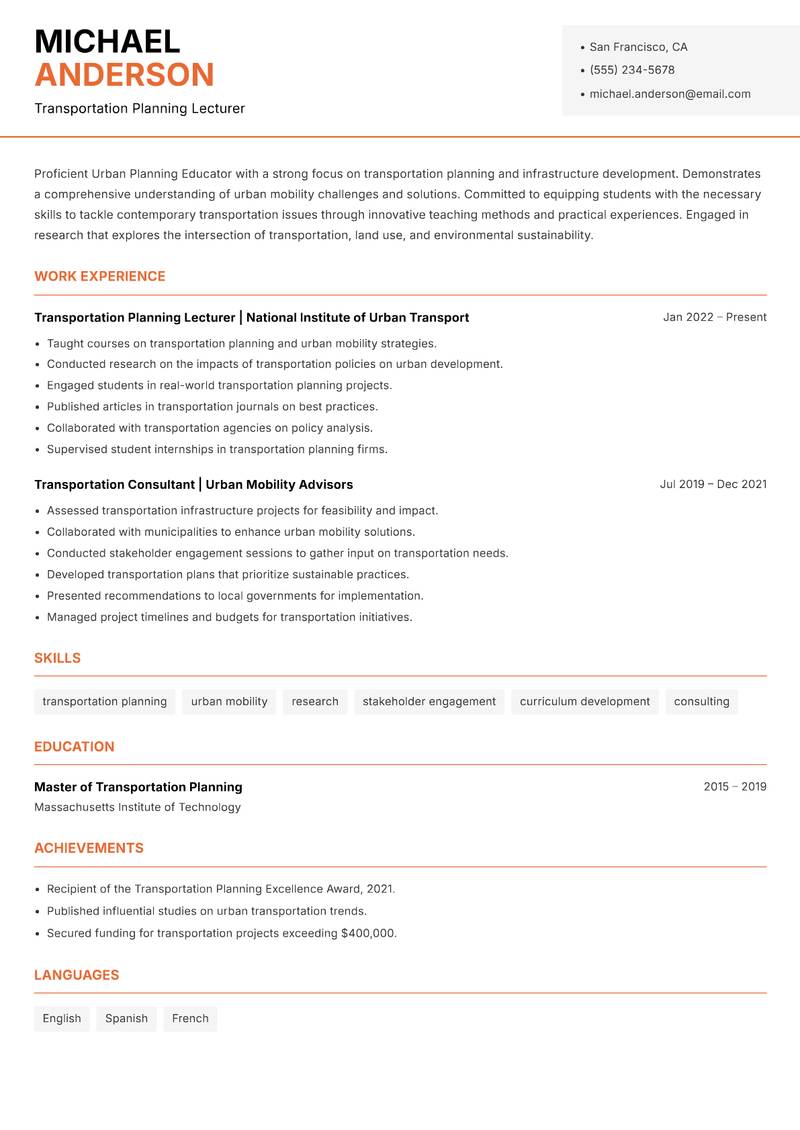 Urban Planning Educator resume sample — Transportation Planning Lecturer focus