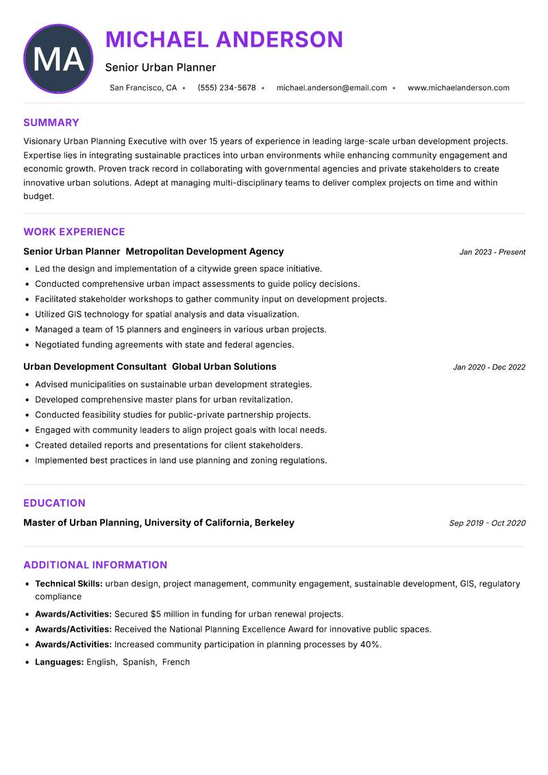 Urban Planning Executive resume example