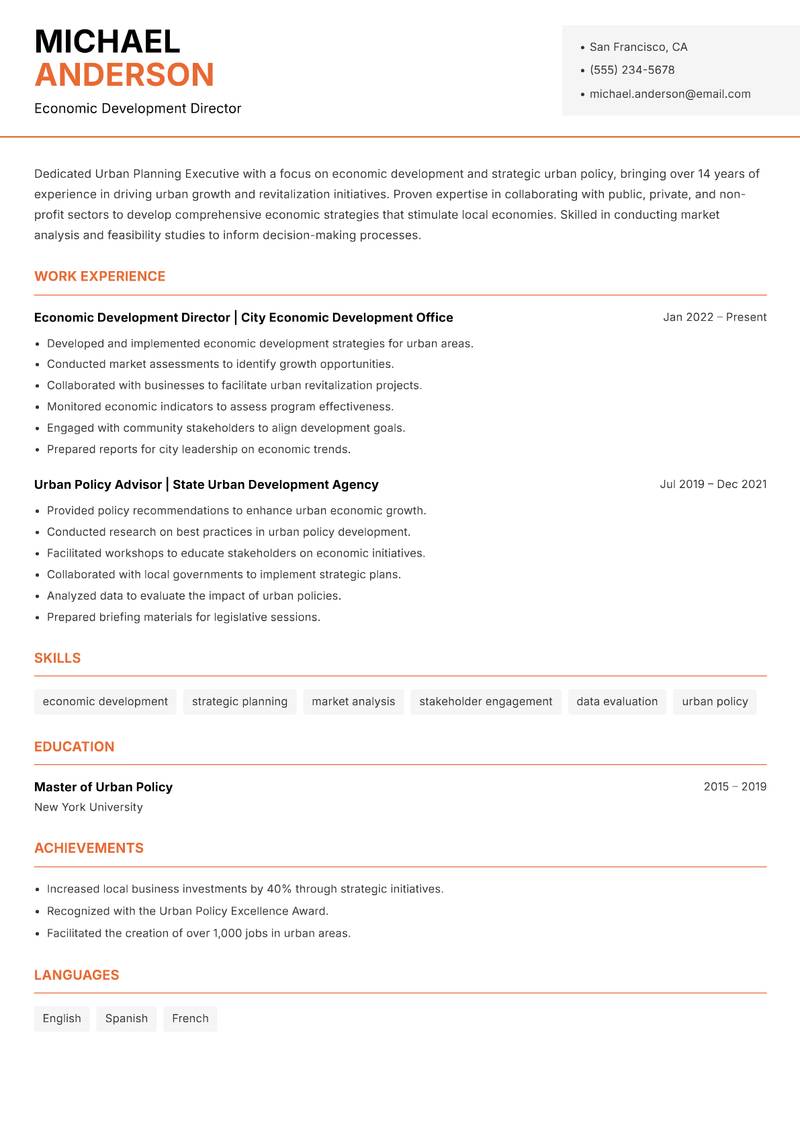 Urban Planning Executive resume sample — Economic Development Director focus